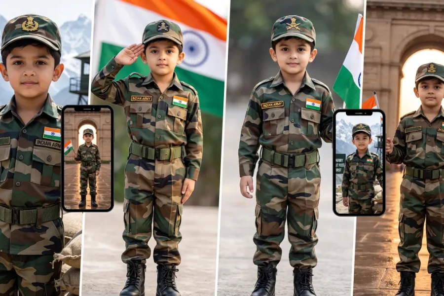 Realistic Indian Army kid in military uniform created with an AI photo prompt for patriotic portrait photography
