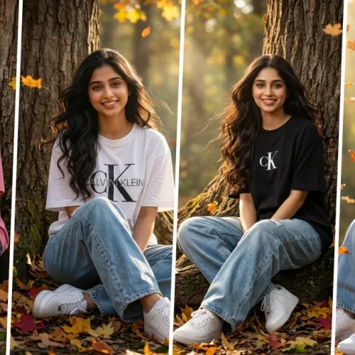 Smiling young woman wearing an oversized casual T-shirt and jeans, sitting under a tree during golden hour in an autumn forest, created with an ultra-realistic AI photography prompt.