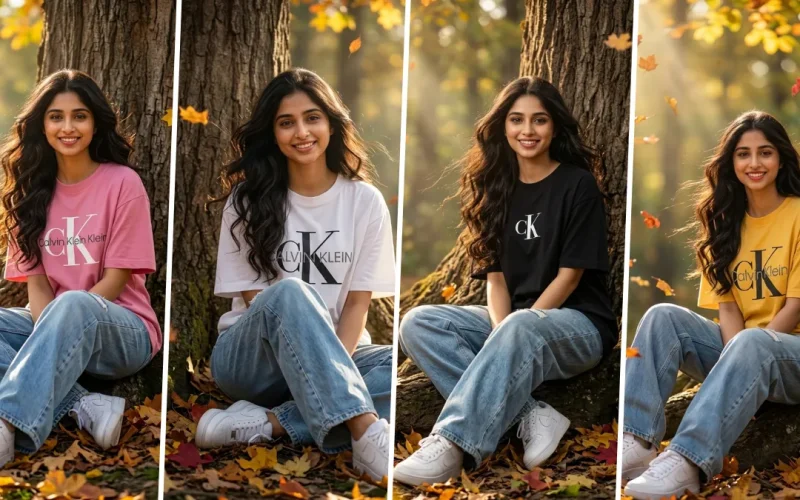 Smiling young woman wearing an oversized casual T-shirt and jeans, sitting under a tree during golden hour in an autumn forest, created with an ultra-realistic AI photography prompt.