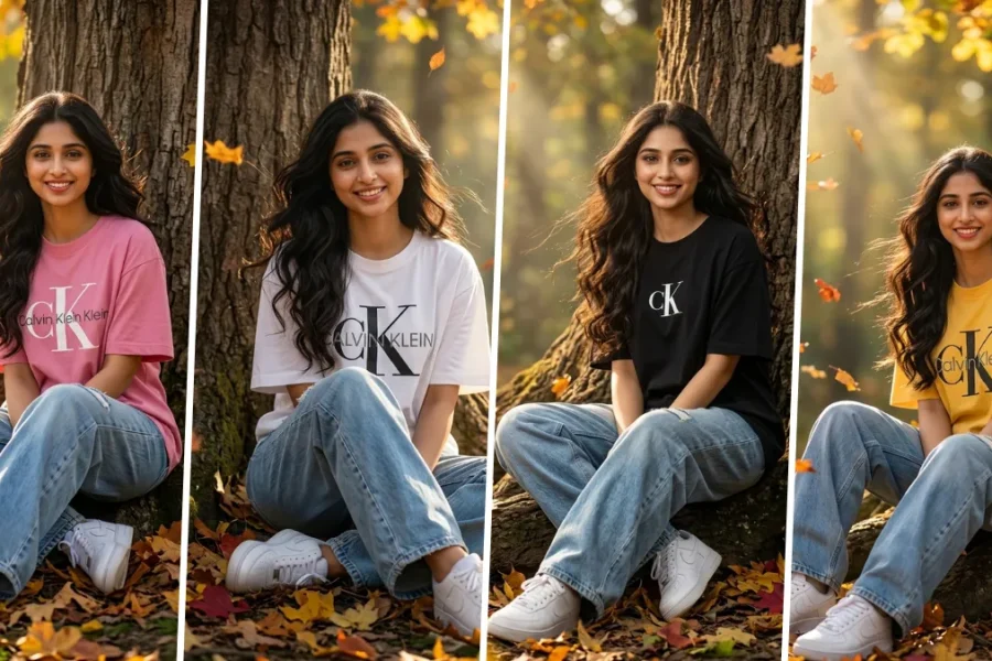 Smiling young woman wearing an oversized casual T-shirt and jeans, sitting under a tree during golden hour in an autumn forest, created with an ultra-realistic AI photography prompt.