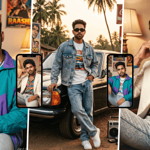 Stylish Indian man in colorful retro 80s fashion posing with a vintage car