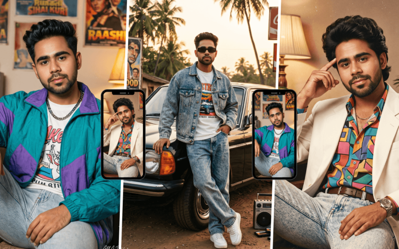 Stylish Indian man in colorful retro 80s fashion posing with a vintage car