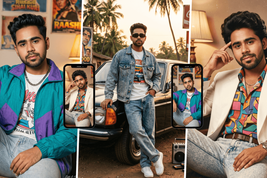 Stylish Indian man in colorful retro 80s fashion posing with a vintage car