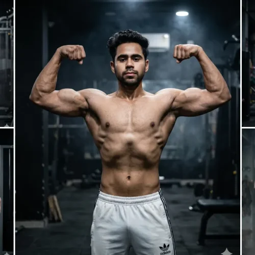 Muscular male bodybuilder flexing in cinematic gym photoshoot with realistic fitness lighting and aesthetic bodybuilding poses