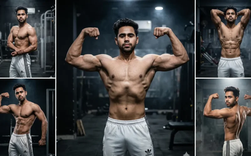 Muscular male bodybuilder flexing in cinematic gym photoshoot with realistic fitness lighting and aesthetic bodybuilding poses