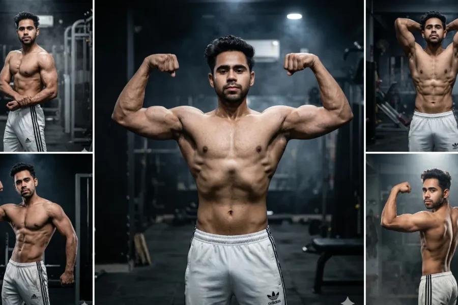 Muscular male bodybuilder flexing in cinematic gym photoshoot with realistic fitness lighting and aesthetic bodybuilding poses