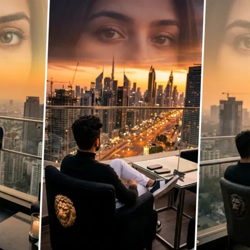 Cinematic double exposure AI portrait of man sitting on balcony with luxury city skyline sunset background
