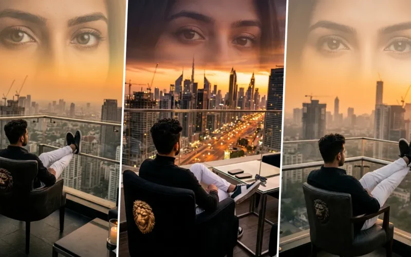 Cinematic double exposure AI portrait of man sitting on balcony with luxury city skyline sunset background