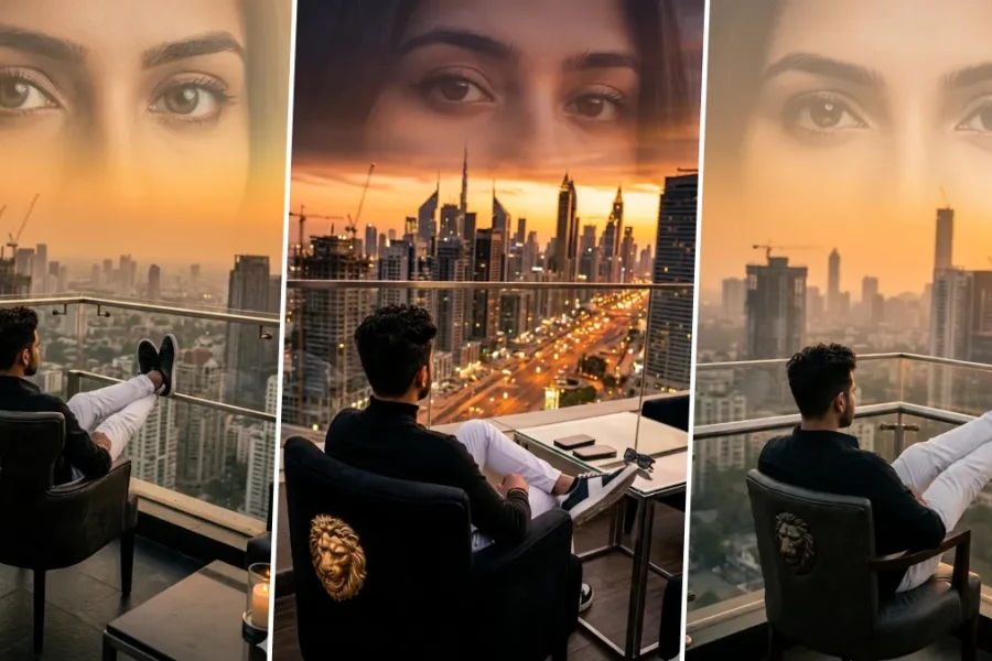 Cinematic double exposure AI portrait of man sitting on balcony with luxury city skyline sunset background