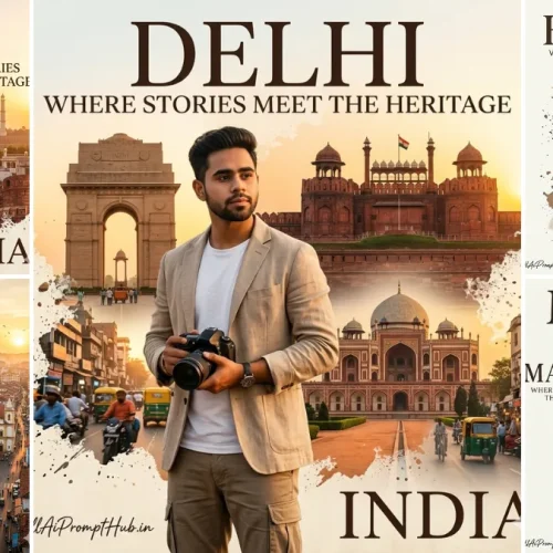Cinematic Indian travel poster collage featuring Delhi, Agra, Goa, Haryana, and Manali with stylish male traveler and heritage landmarks