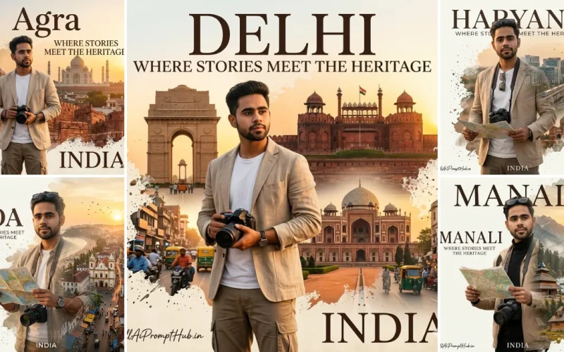 Cinematic Indian travel poster collage featuring Delhi, Agra, Goa, Haryana, and Manali with stylish male traveler and heritage landmarks
