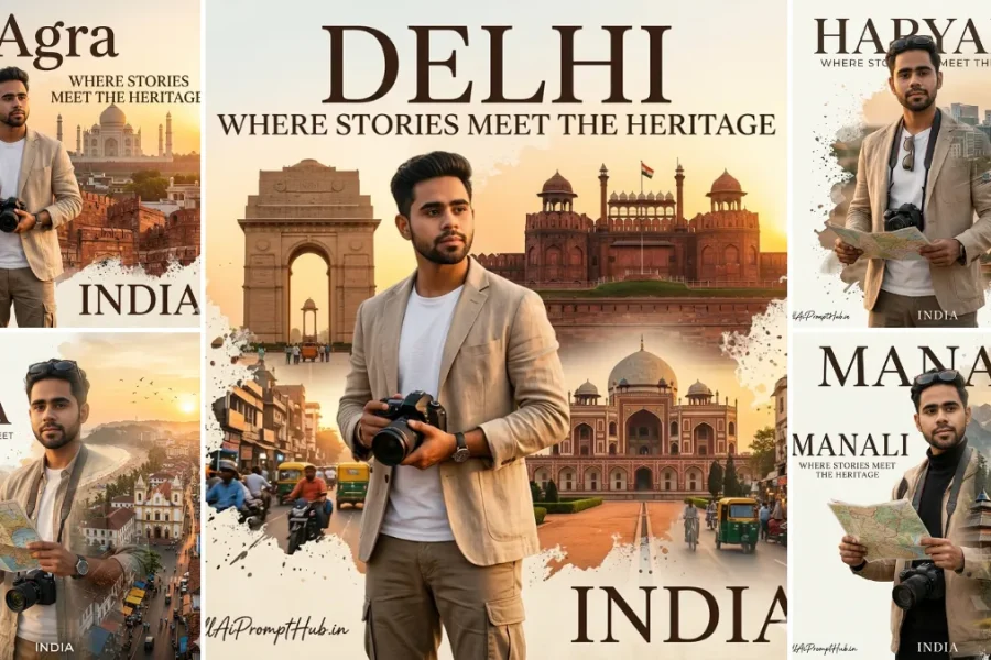Cinematic Indian travel poster collage featuring Delhi, Agra, Goa, Haryana, and Manali with stylish male traveler and heritage landmarks