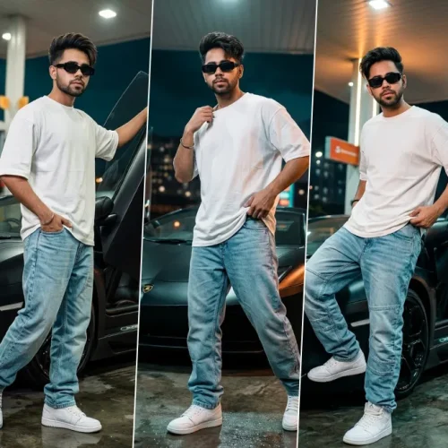 “Cinematic AI-generated street style portrait of a man posing with a luxury sports car at a night gas station, hyper-realistic lighting and fashion photography style”