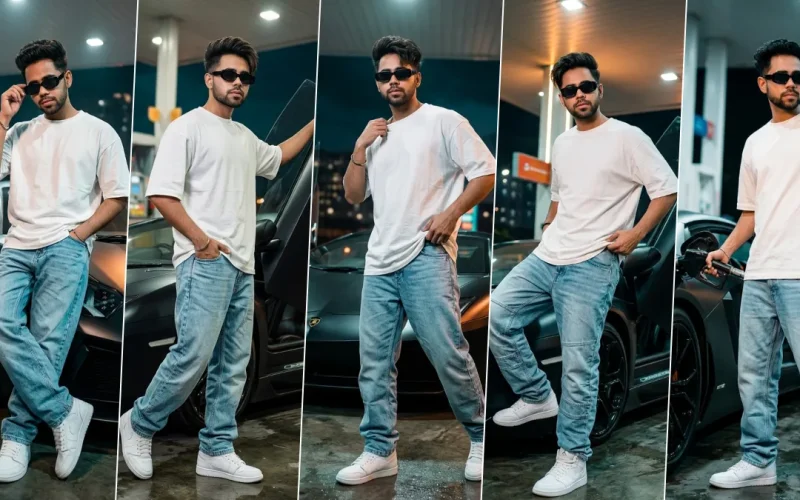 “Cinematic AI-generated street style portrait of a man posing with a luxury sports car at a night gas station, hyper-realistic lighting and fashion photography style”