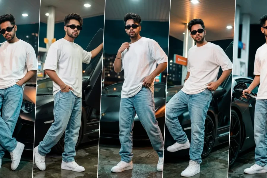 “Cinematic AI-generated street style portrait of a man posing with a luxury sports car at a night gas station, hyper-realistic lighting and fashion photography style”