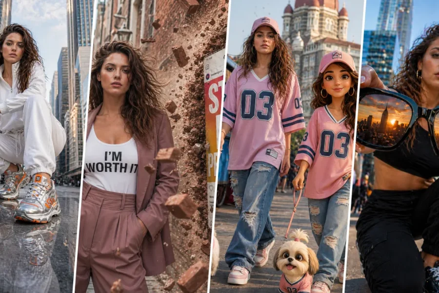 “Cinematic AI-generated street style fashion portraits featuring urban city background, hyper-realistic lighting and modern outfits for Midjourney prompts”
