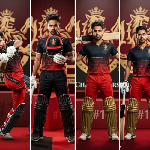 A five-panel image collage featuring a young male cricketer in various Royal Challengers Bangalore (RCB) jerseys and batting gear (pads, helmet, gloves), striking powerful batting poses and walking confidently on a cricket pitch, illustrating sports fashion AI prompts on All AI Prompt Hub.