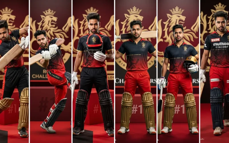 A five-panel image collage featuring a young male cricketer in various Royal Challengers Bangalore (RCB) jerseys and batting gear (pads, helmet, gloves), striking powerful batting poses and walking confidently on a cricket pitch, illustrating sports fashion AI prompts on All AI Prompt Hub.