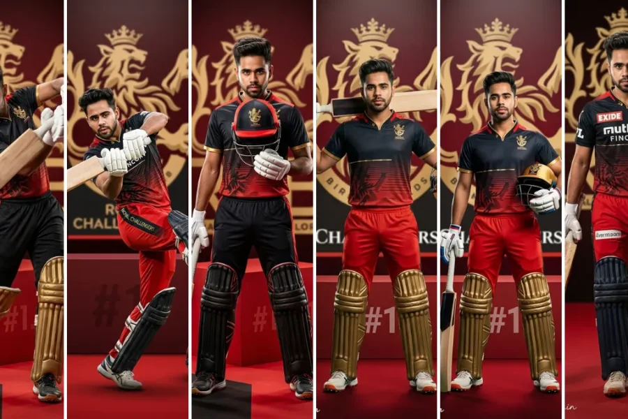 A five-panel image collage featuring a young male cricketer in various Royal Challengers Bangalore (RCB) jerseys and batting gear (pads, helmet, gloves), striking powerful batting poses and walking confidently on a cricket pitch, illustrating sports fashion AI prompts on All AI Prompt Hub.