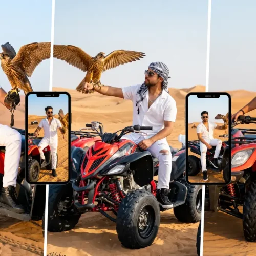 Stylish man in white outfit with a falcon and ATV in a desert created with an AI image prompt