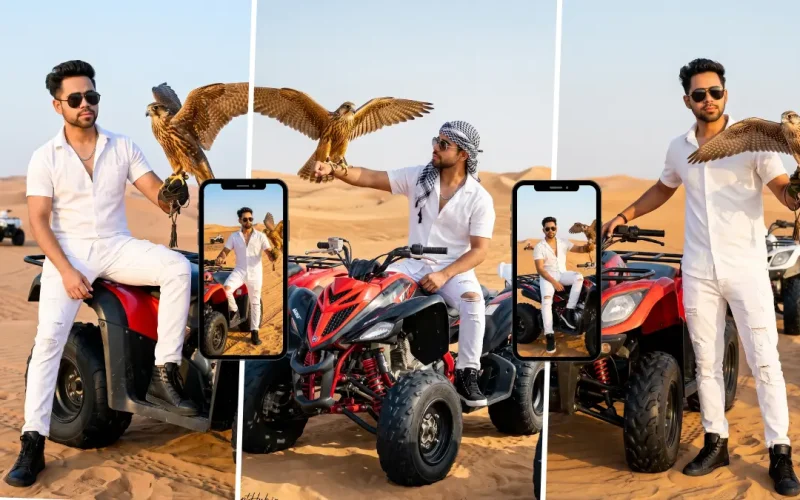 Stylish man in white outfit with a falcon and ATV in a desert created with an AI image prompt