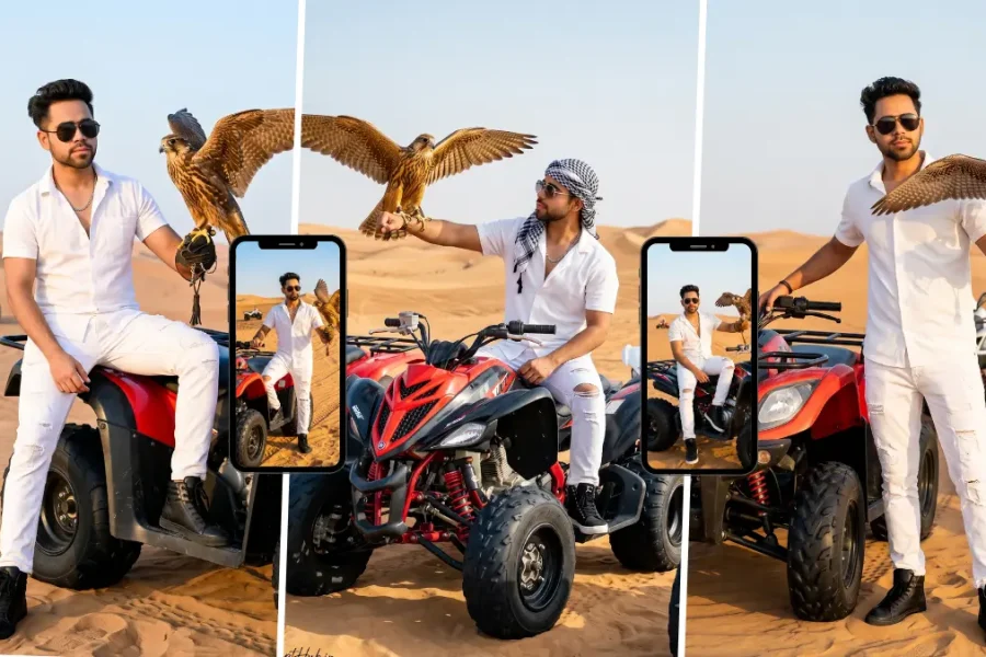 Stylish man in white outfit with a falcon and ATV in a desert created with an AI image prompt