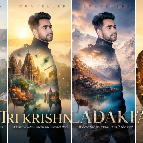 Ultra realistic double exposure travel poster portrait of a male traveler featuring iconic destinations, mountains, temples, and cinematic landscapes