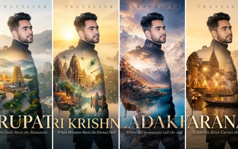 Ultra realistic double exposure travel poster portrait of a male traveler featuring iconic destinations, mountains, temples, and cinematic landscapes