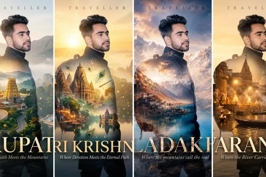 Ultra realistic double exposure travel poster portrait of a male traveler featuring iconic destinations, mountains, temples, and cinematic landscapes