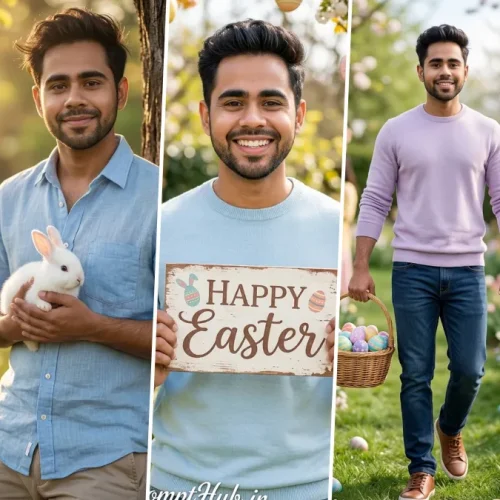 A five-panel cinematic collage featuring a young South Asian man with short curly hair in various relaxed poses celebrating Easter. Panels include him painting an intricate Easter egg with a brush and palette, holding a white pet rabbit, holding a rustic sign that reads 'HAPPY Easter,' walking through a sunny garden with an Easter egg basket, and holding up a golden Easter egg. He wears diverse shirts including light blue and lilac sweaters, illustrating realistic male and seasonal holiday portrait AI prompts on All AI Prompt Hub