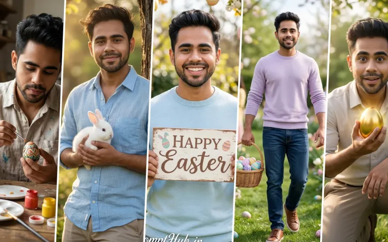 A five-panel cinematic collage featuring a young South Asian man with short curly hair in various relaxed poses celebrating Easter. Panels include him painting an intricate Easter egg with a brush and palette, holding a white pet rabbit, holding a rustic sign that reads 'HAPPY Easter,' walking through a sunny garden with an Easter egg basket, and holding up a golden Easter egg. He wears diverse shirts including light blue and lilac sweaters, illustrating realistic male and seasonal holiday portrait AI prompts on All AI Prompt Hub