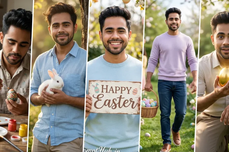 A five-panel cinematic collage featuring a young South Asian man with short curly hair in various relaxed poses celebrating Easter. Panels include him painting an intricate Easter egg with a brush and palette, holding a white pet rabbit, holding a rustic sign that reads 'HAPPY Easter,' walking through a sunny garden with an Easter egg basket, and holding up a golden Easter egg. He wears diverse shirts including light blue and lilac sweaters, illustrating realistic male and seasonal holiday portrait AI prompts on All AI Prompt Hub