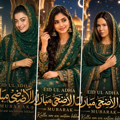 Elegant Muslim girls wearing green embroidered hijab dresses in cinematic Eid Ul Adha AI portrait style with Islamic golden mosque background