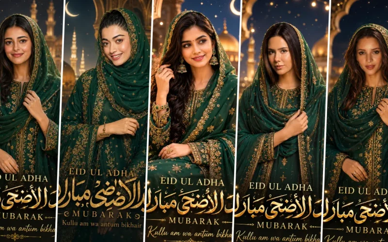 Elegant Muslim girls wearing green embroidered hijab dresses in cinematic Eid Ul Adha AI portrait style with Islamic golden mosque background