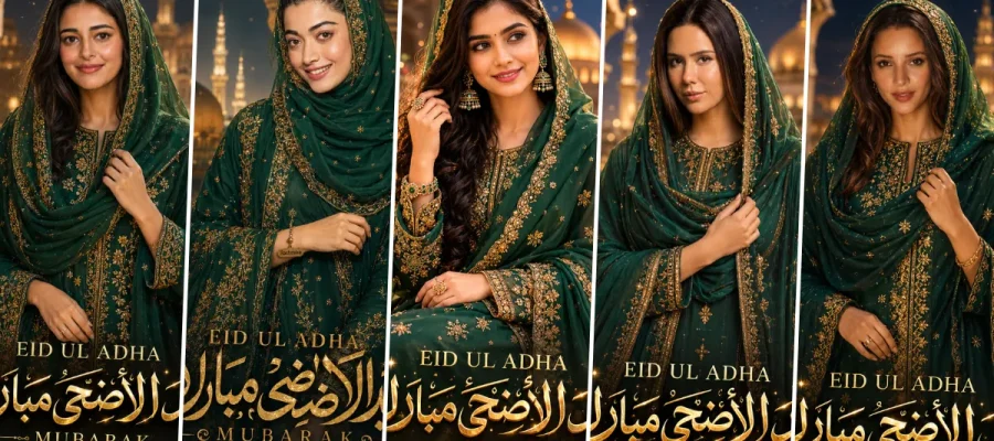 Elegant Muslim girls wearing green embroidered hijab dresses in cinematic Eid Ul Adha AI portrait style with Islamic golden mosque background