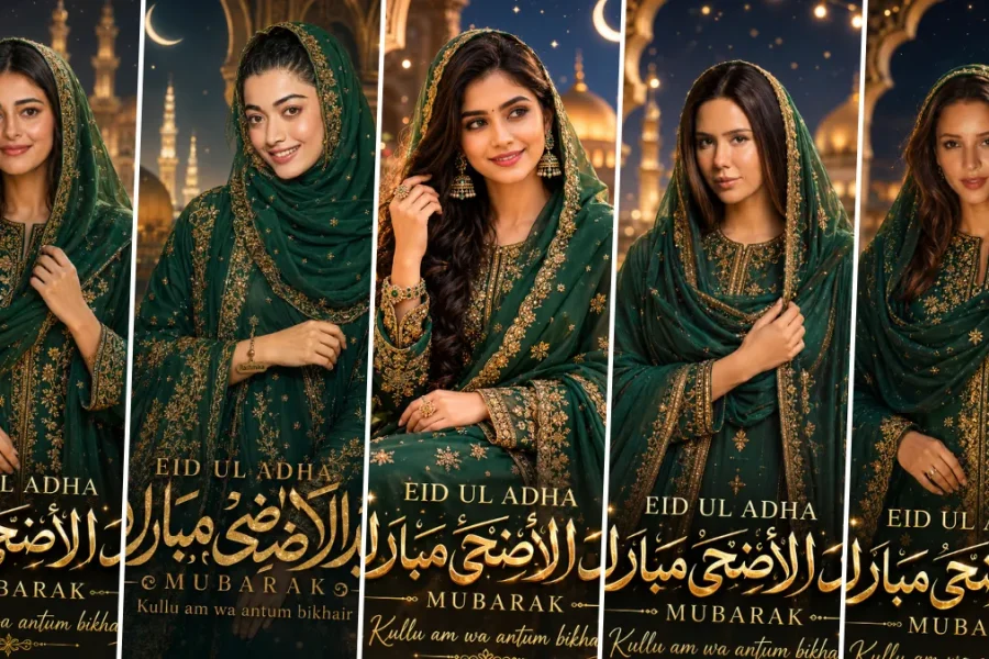 Elegant Muslim girls wearing green embroidered hijab dresses in cinematic Eid Ul Adha AI portrait style with Islamic golden mosque background