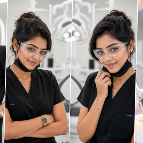 female dentist photoshoot in dental clinic wearing scrubs, mask and gloves showcasing professional healthcare portrait created using AI prompts