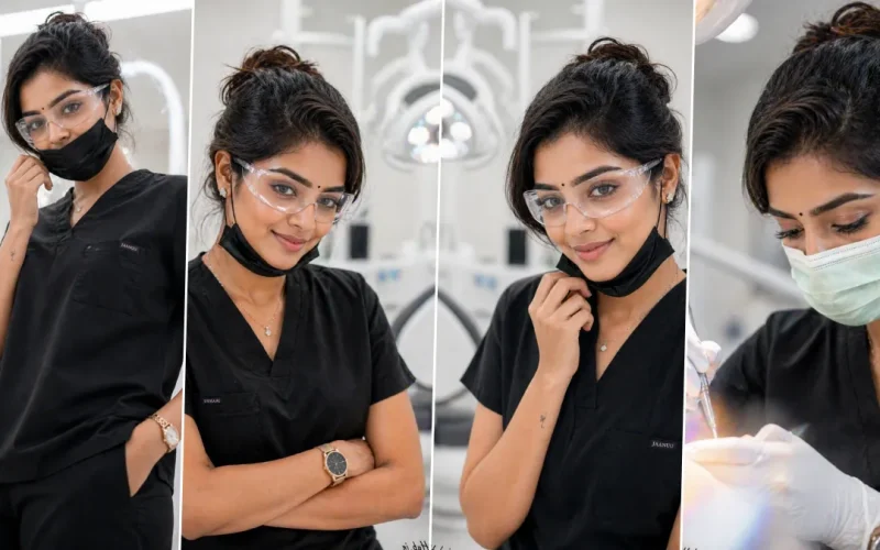 female dentist photoshoot in dental clinic wearing scrubs, mask and gloves showcasing professional healthcare portrait created using AI prompts