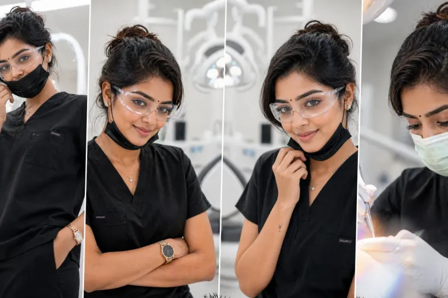 female dentist photoshoot in dental clinic wearing scrubs, mask and gloves showcasing professional healthcare portrait created using AI prompts