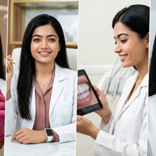 professional female dentist photoshoot with dental tools, smile model and clinic setup created using AI prompts