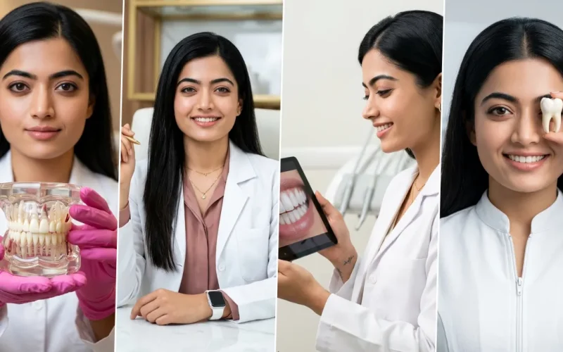 professional female dentist photoshoot with dental tools, smile model and clinic setup created using AI prompts