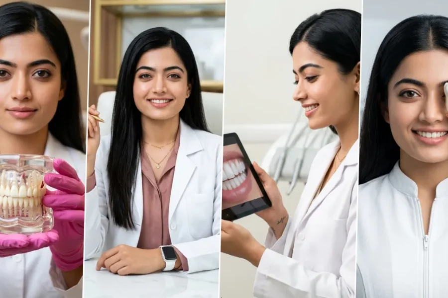professional female dentist photoshoot with dental tools, smile model and clinic setup created using AI prompts