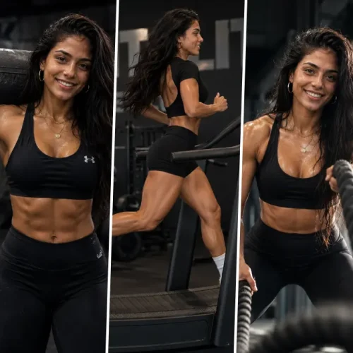 Female fitness model in gym with cinematic lighting and athletic workout poses generated using AI photo editing prompt