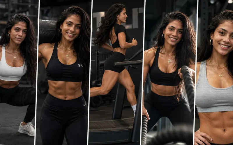 Female fitness model in gym with cinematic lighting and athletic workout poses generated using AI photo editing prompt