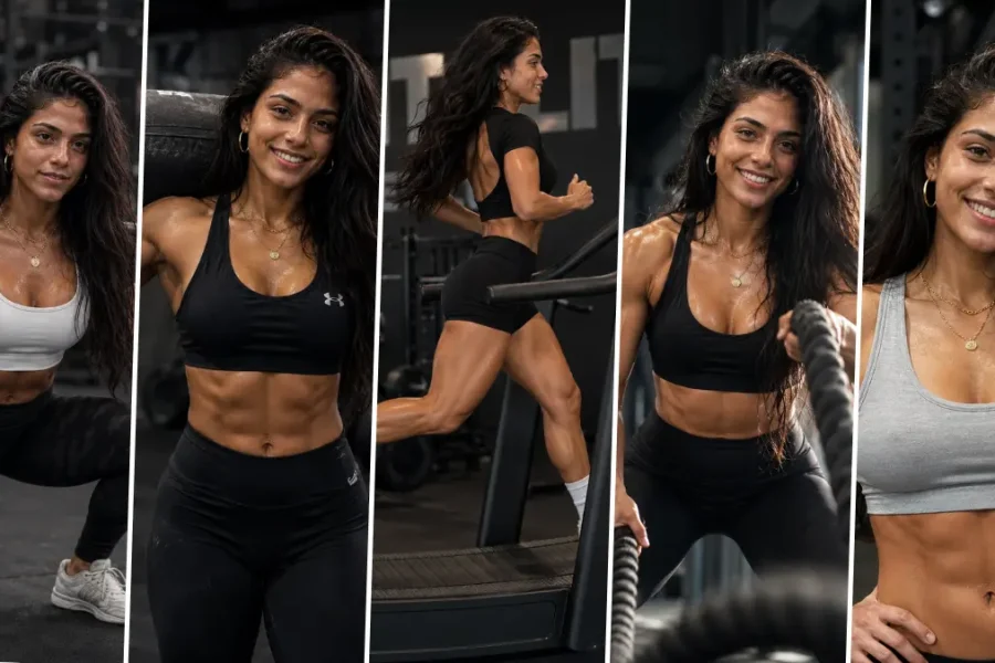 Female fitness model in gym with cinematic lighting and athletic workout poses generated using AI photo editing prompt