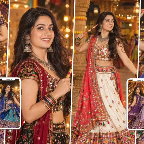 Woman in a colorful embroidered Chaniya Choli holding Dandiya sticks at a Navratri Garba celebration