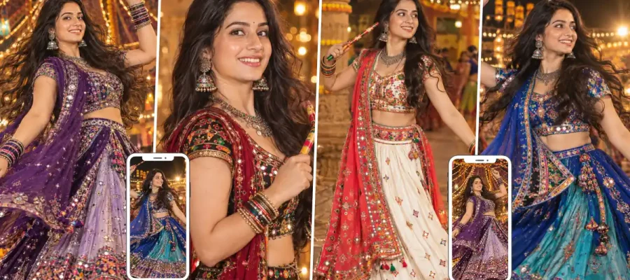 Woman in a colorful embroidered Chaniya Choli holding Dandiya sticks at a Navratri Garba celebration