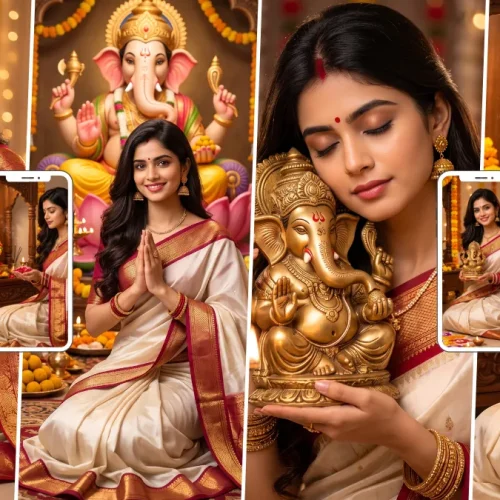 Indian woman in traditional saree holding a Ganpati idol during Ganesh Chaturthi