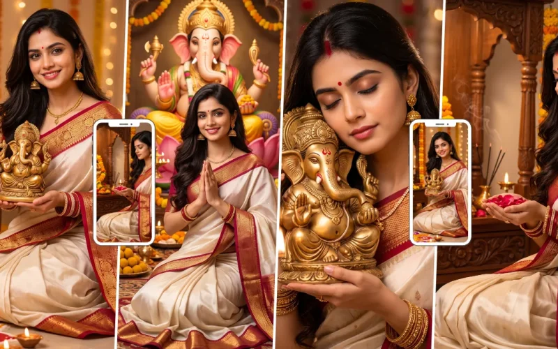 Indian woman in traditional saree holding a Ganpati idol during Ganesh Chaturthi