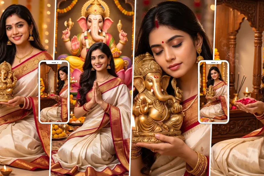 Indian woman in traditional saree holding a Ganpati idol during Ganesh Chaturthi
